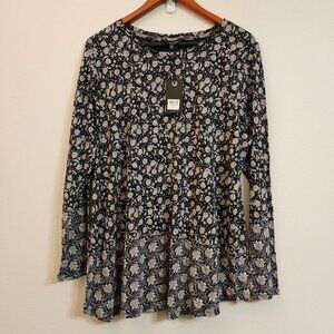 Lucky Brand Floral Print Black  Scoop Neck Long Sleeve Tunic Women 1X Boho NWT